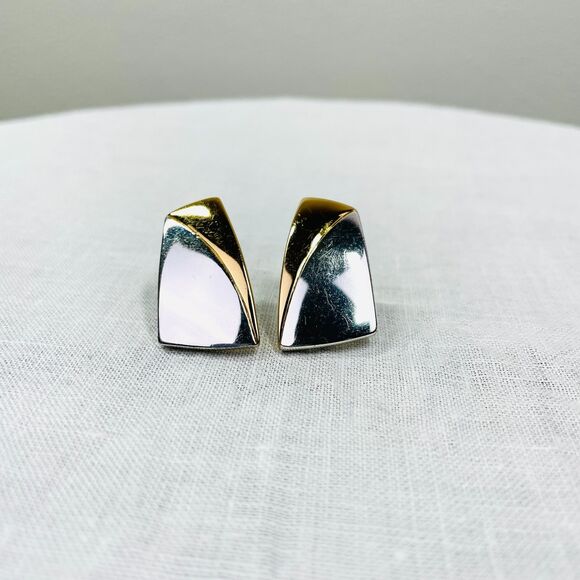 Vintage 80s Earrings Clip On Earrings Silver Gold Tone Minimalist Vintage Modern - Picture 2 of 7